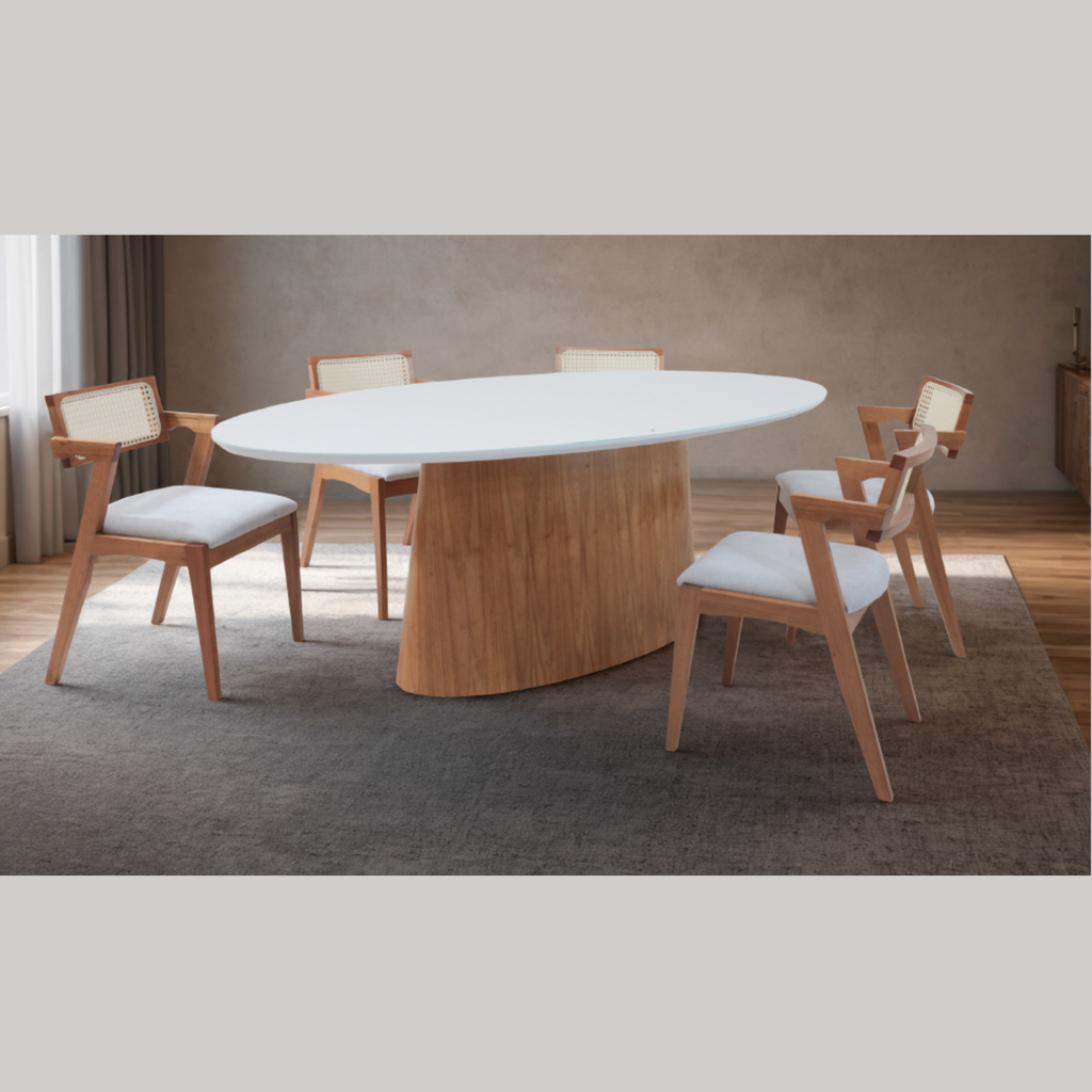 Mesa Lisboa Oval com Tampo em Laca Off-White - Base Cinamomo