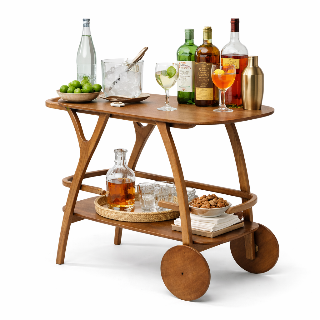 Carrinho Bar Zentrum em Madeira – Design Curvo e Rodas Decorativas